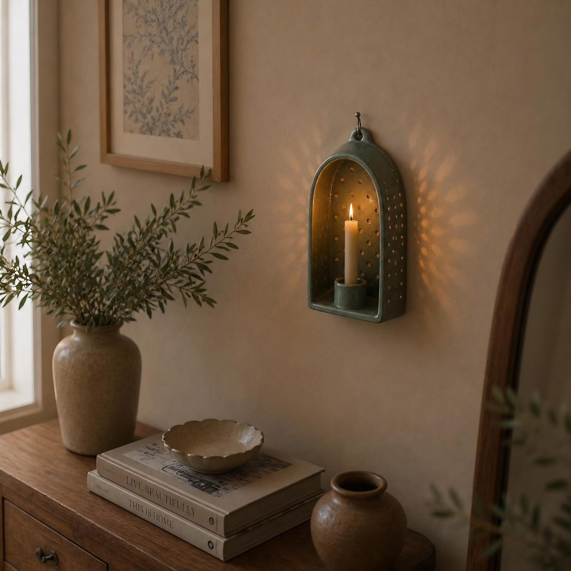 Ceramic Ajour Wall Candle Holder, Shadow Casting Wall Sconce, Handmade Perforated Candle Holder, Housewarming Gift Decor | LA128