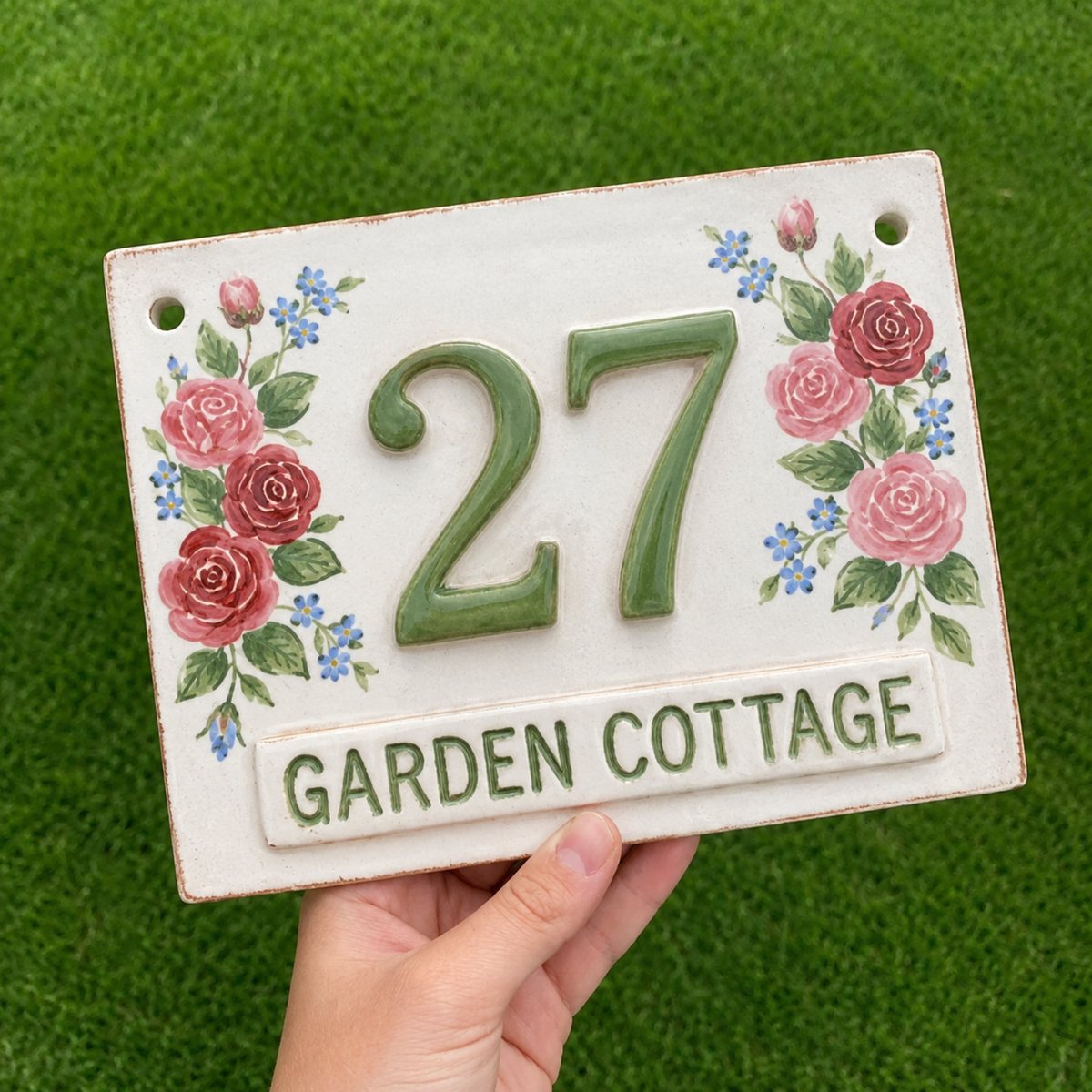 Personalized Ceramic House Number Sign – Hand-Painted Rose Address Plaque - NN