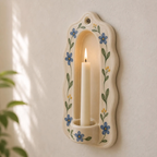 Ceramic Wall Candle Holder, Hand Painted Blue Floral Sconce, Vintage Cottagecore Taper Candle Decor, Farmhouse Wall Accent | LA140