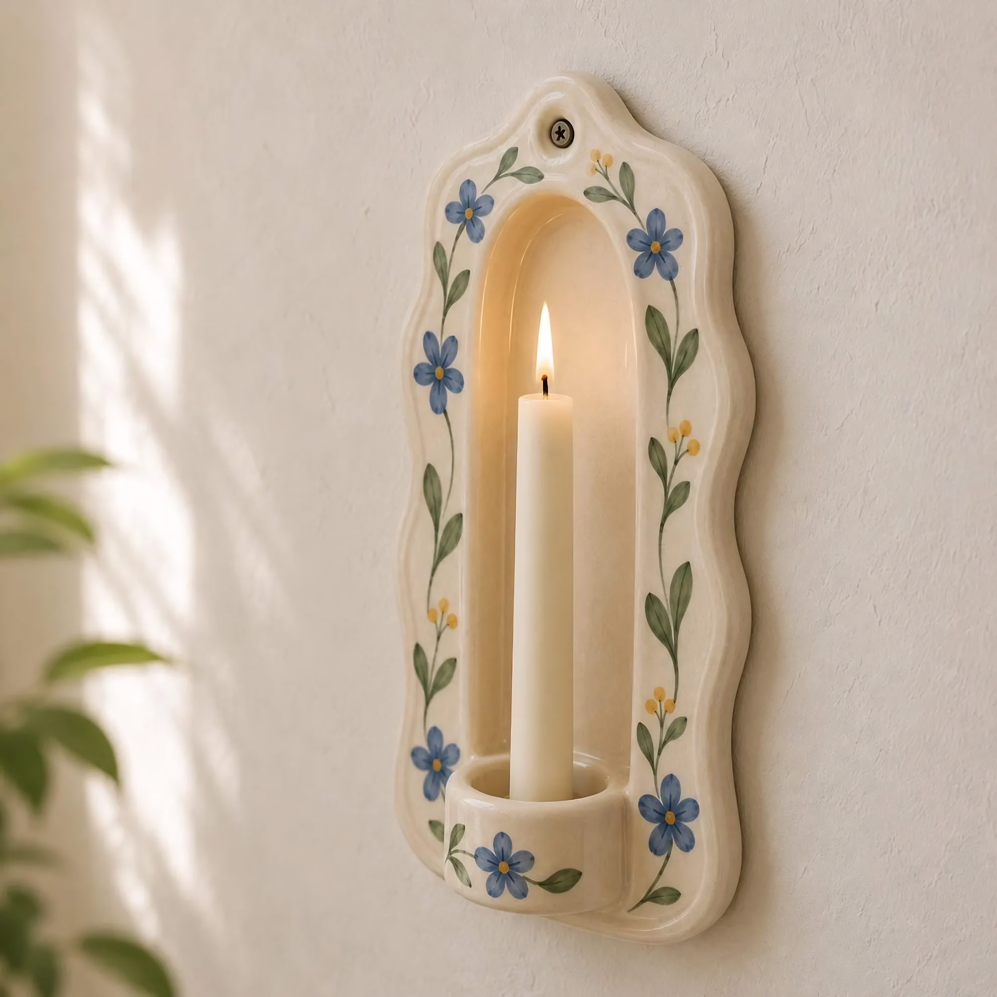 Ceramic Wall Candle Holder, Hand Painted Blue Floral Sconce, Vintage Cottagecore Taper Candle Decor, Farmhouse Wall Accent | LA140