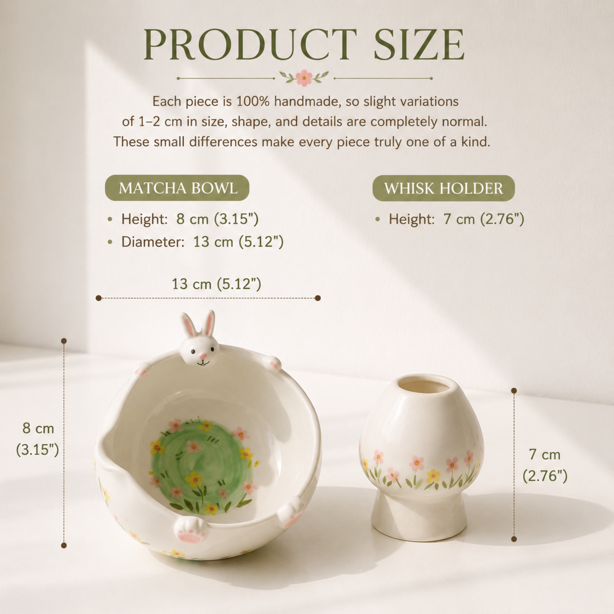 White Bunny Hug 3D Handcrafted Ceramic Matcha Bowl and Floral Whisk Holder Set • HX11
