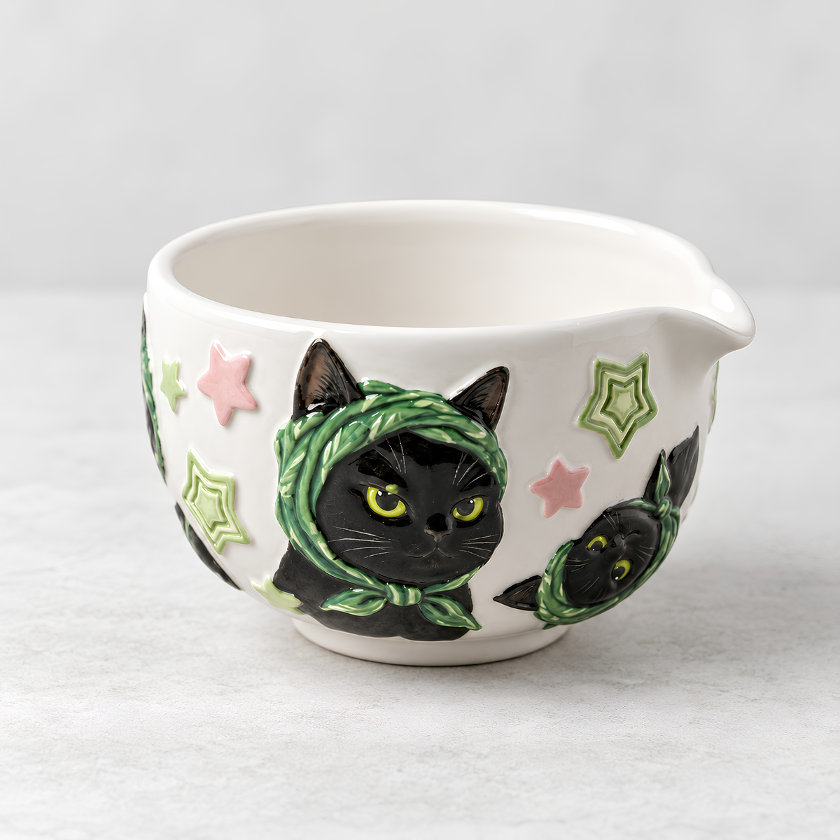 Black Cat Matcha Bowl Set - Spouted Chawan & Whisk Holder, Handmade Ceramic Tea Set.
