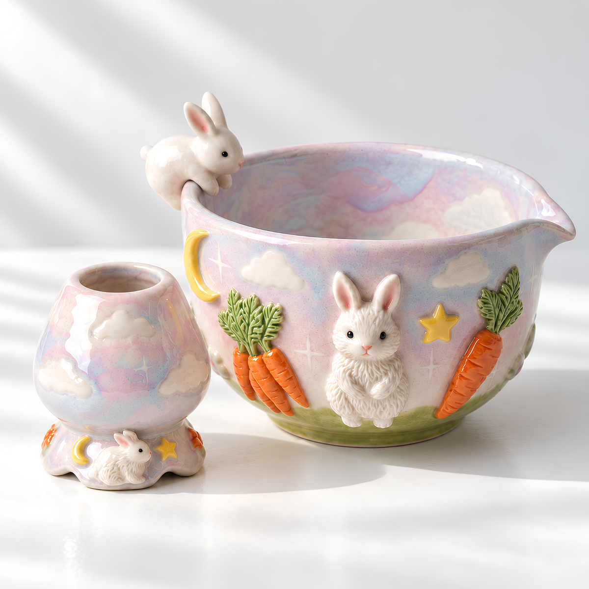 Bunny Carrot Matcha Bowl Set - Spouted Chawan and Whisk Holder, Handmade Ceramic Tea Set, Kawaii Gift for Rabbit & Matcha Lovers