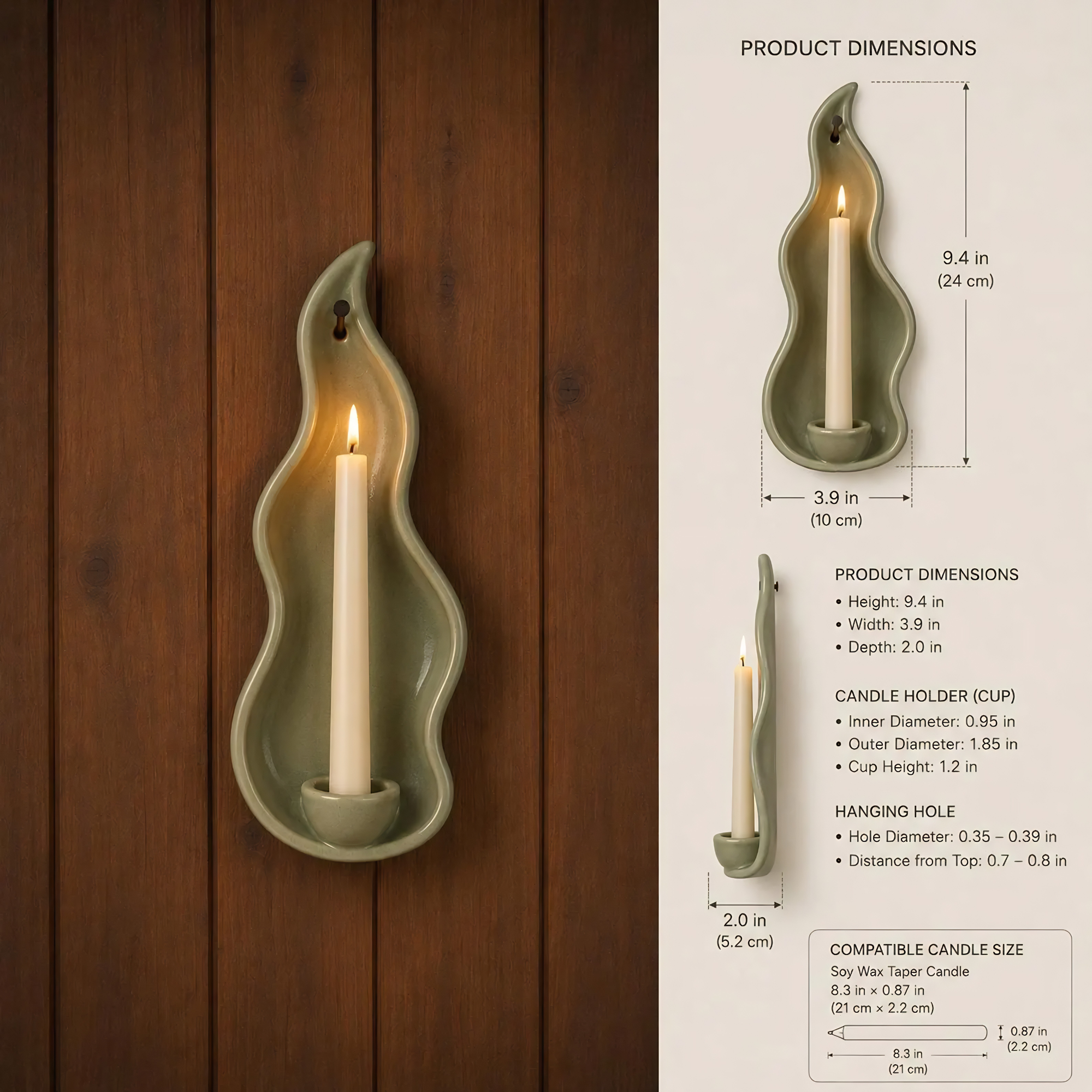 Ceramic Wall Candle Holder, Handmade Ceramic Sconce, Sage Green Taper Candle Holder, Minimalist Wall Decor, Rustic Home Decor | LA127