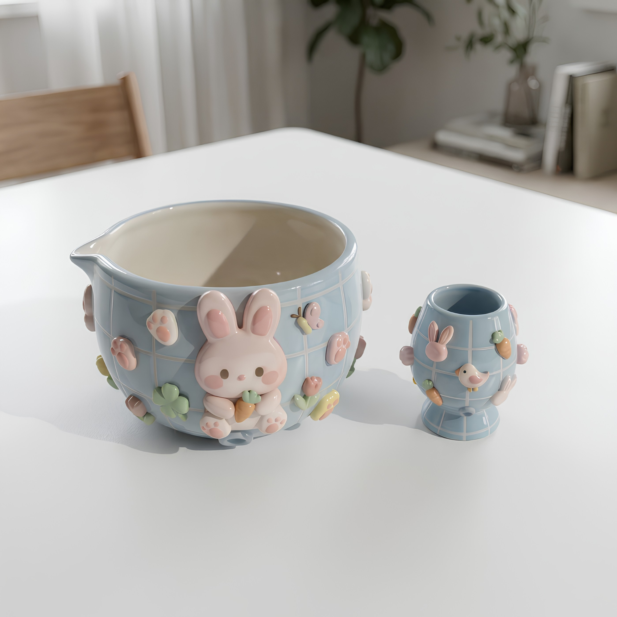 Grid  Mint Blue Bunny Matcha Bowl | Handmade Ceramic Chawan | LA028