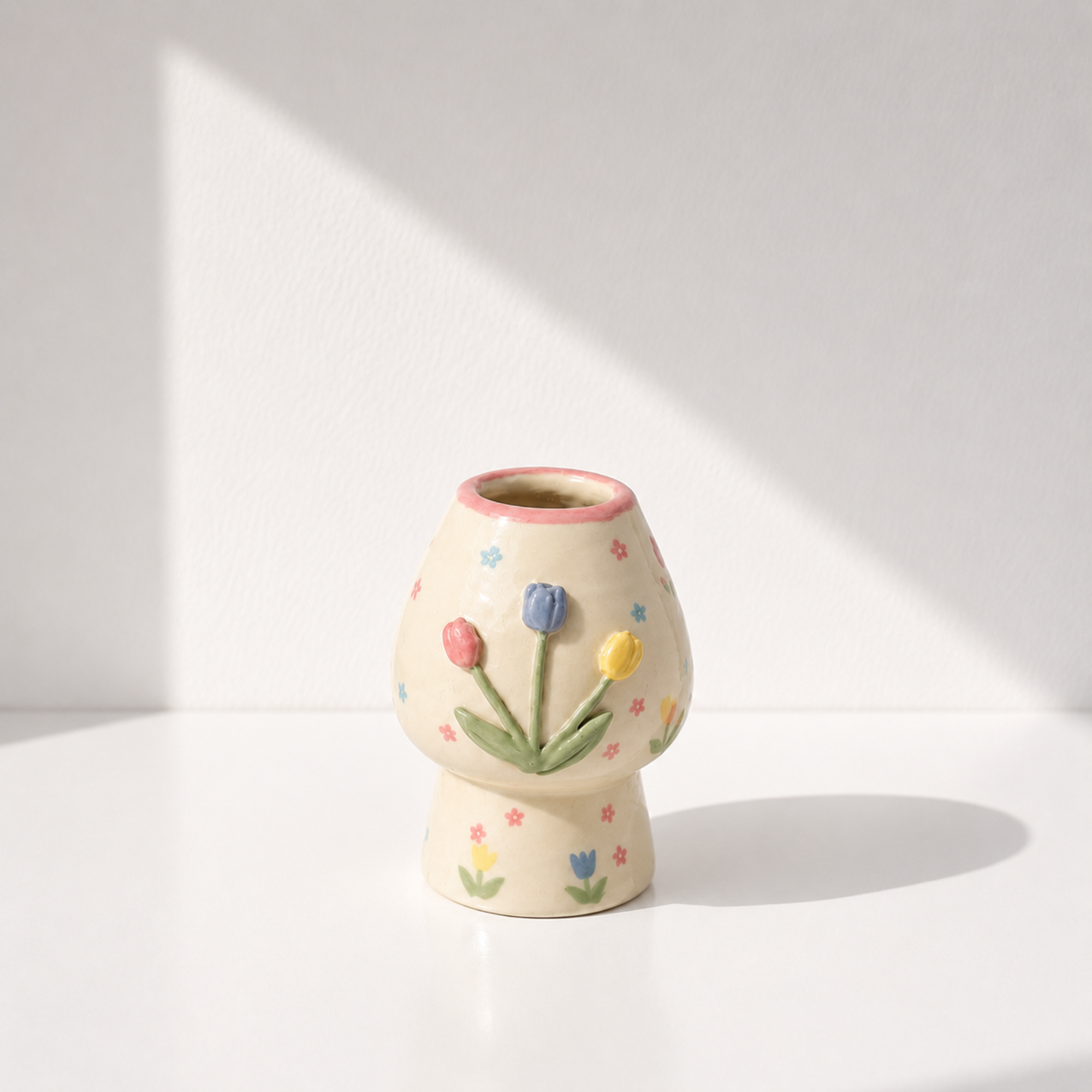 Cute 3D Bunny & Tulip Ceramic Matcha Bowl and Whisk Holder Set • HX04