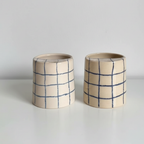 Handcrafted Ceramic Travel Mug with Built-in Lid, Minimalist Blue Grid Commuter Coffee Cup • HX09