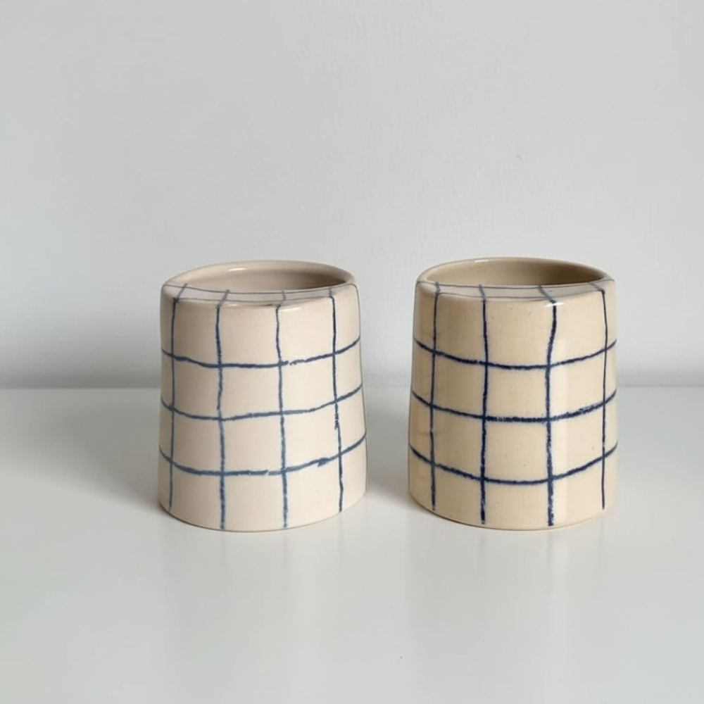 Handcrafted Ceramic Travel Mug with Built-in Lid, Minimalist Blue Grid Commuter Coffee Cup • HX09
