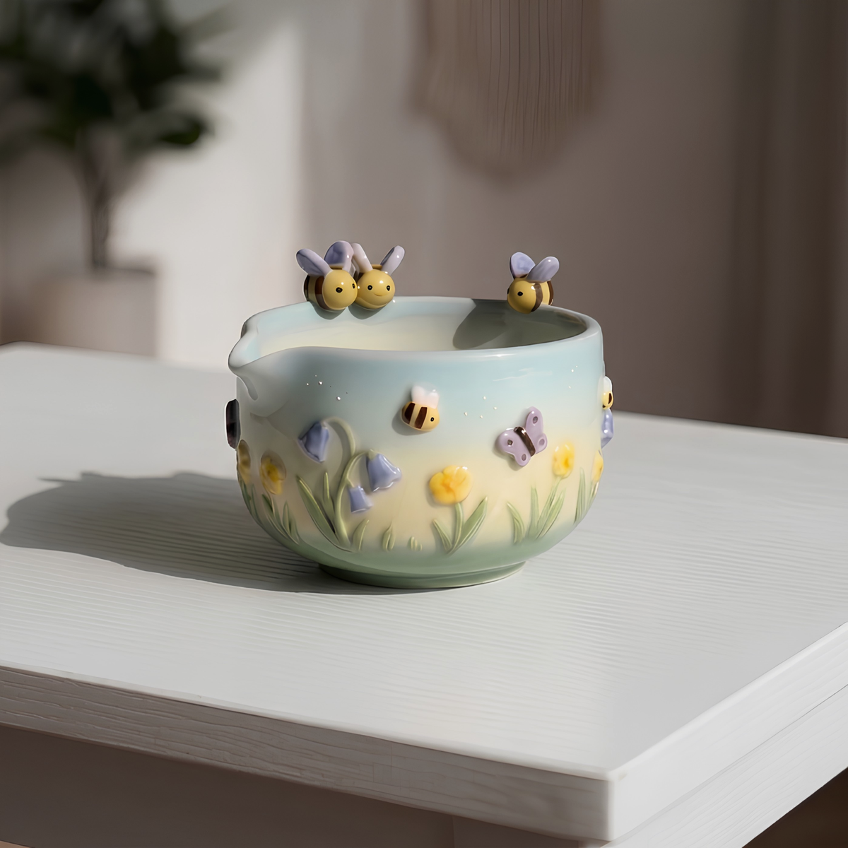 Spring Meadow Matcha Bowl Set | Handmade Ceramic Bee Butterfly Whisk Holder | Ombre Floral Chawan | Cute Garden Gift for Tea Lovers | LA054