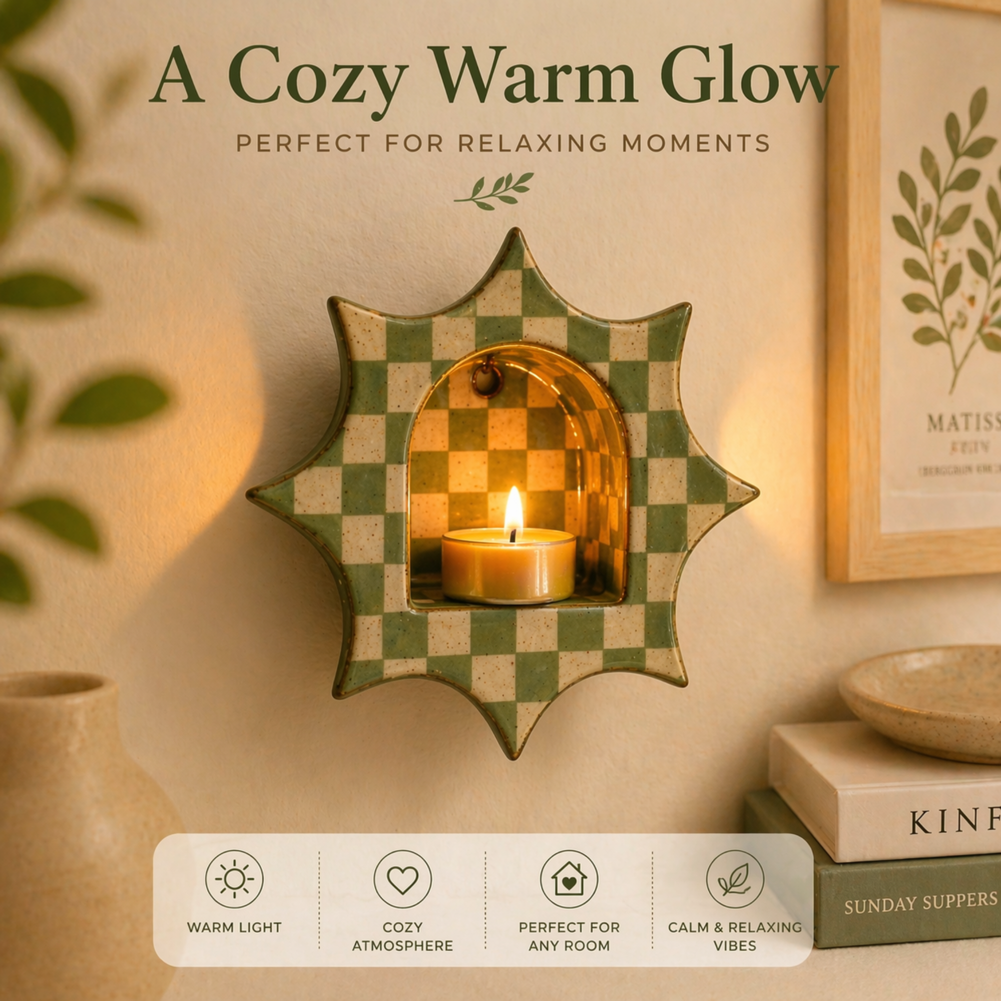Handmade Checkerboard Ceramic Wall Candle Holder, Sunburst Silhouette, Cottagecore Decor | LA110