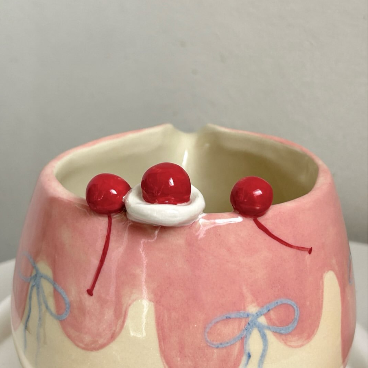 Handmade Pink Cherry Cake & Ribbon Bow Ceramic Matcha Bowl Set | Cute Spouted Chawan & Whisk Holder • HX51