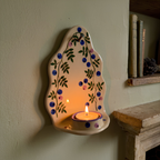 Handcrafted Blueberry Ceramic Wall Candle Sconce, Hand-painted Botanical Tealight Holder, Cute Cottagecore Home Decor • HX39