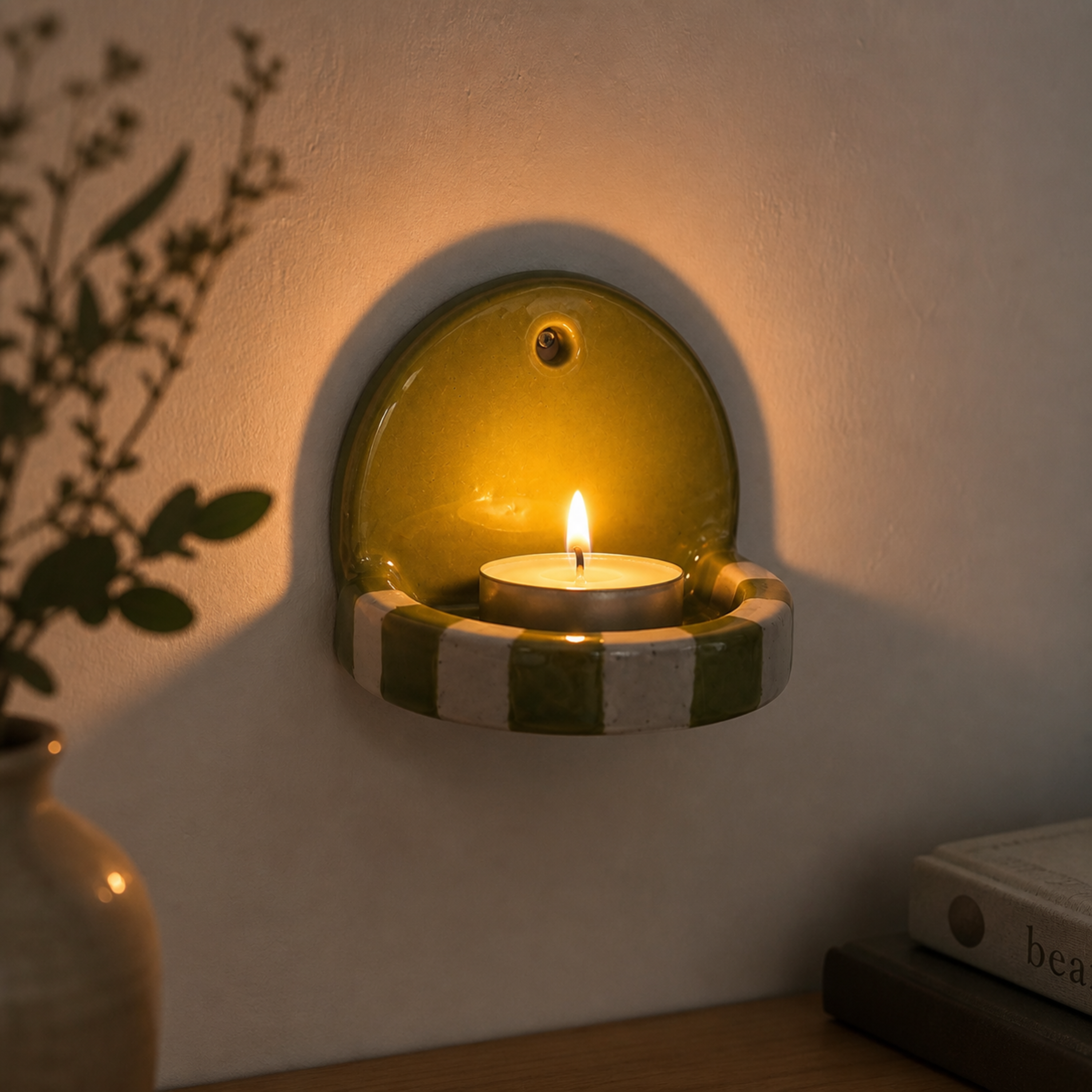 Green And White Checkered Candle Holder | Ceramic Wall Candle Holder | LA118