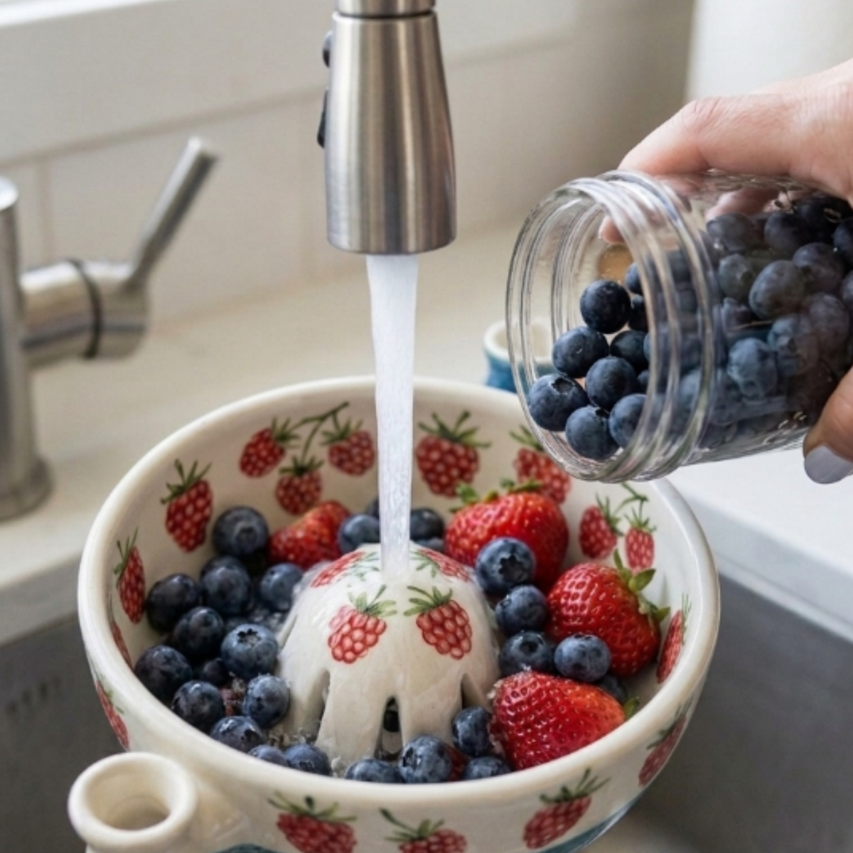 Handmade Raspberry Berry Bowl with Handle & Pour Spout, Ceramic Berry Colander, Fruit Washing Bowl, Cottagecore Kitchen Gift | LA102