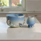 Penguin Matcha Bowl Set, Handmade Ceramic Chawan with Whisk Holder, Cute Winter Matcha Set, Arctic Penguin Gift, Matcha Lover Gift | LA051