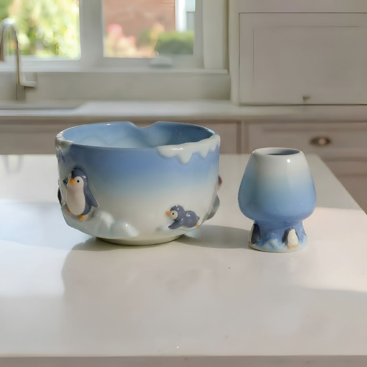 Penguin Matcha Bowl Set, Handmade Ceramic Chawan with Whisk Holder, Cute Winter Matcha Set, Arctic Penguin Gift, Matcha Lover Gift | LA051
