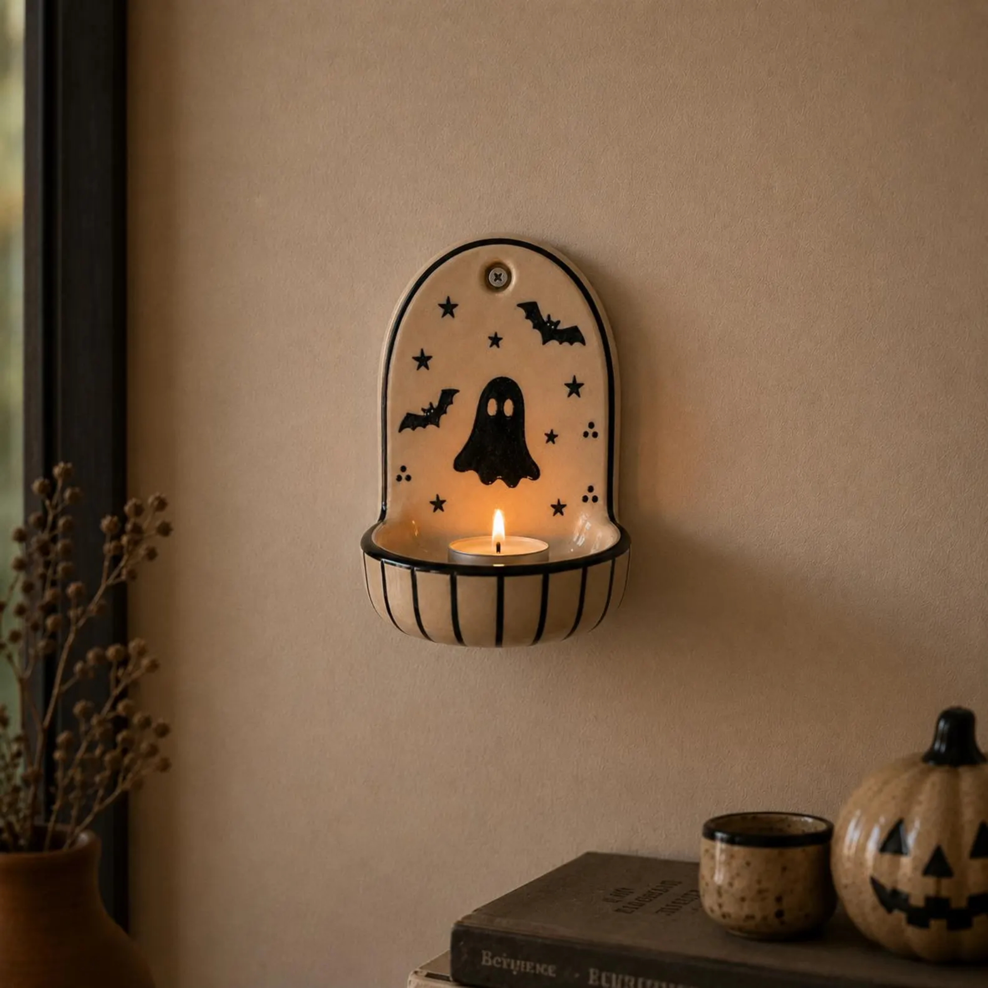 Handmade Ceramic Halloween Ghost Wall Sconce Candle Holder • HX48