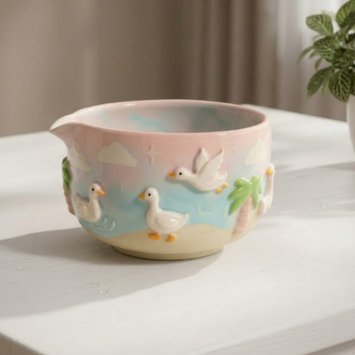 Goose Matcha Bowl Set | Cottagecore Ceramic Whisk Holder | Pastel Ombre Handmade Matcha Chawan | Cute Duck Gift for Tea Lovers | LA048