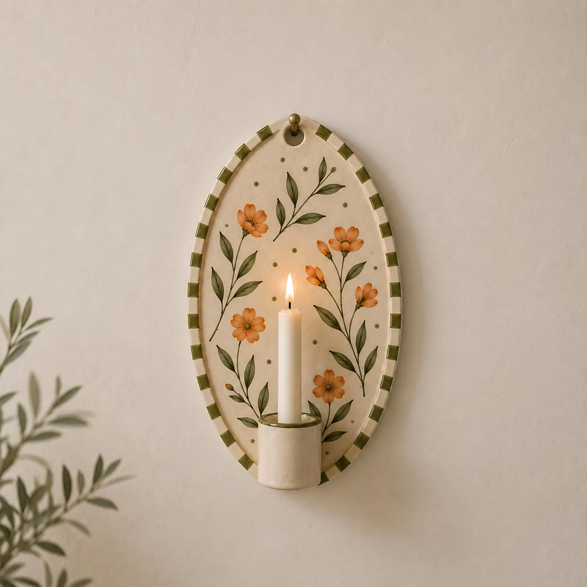 Handmade Floral Ceramic Wall Candle Holder, Botanical Wall Sconce, Cottagecore Wall Decor, Rustic Farmhouse Gift, Nature Inspired Art | LA129