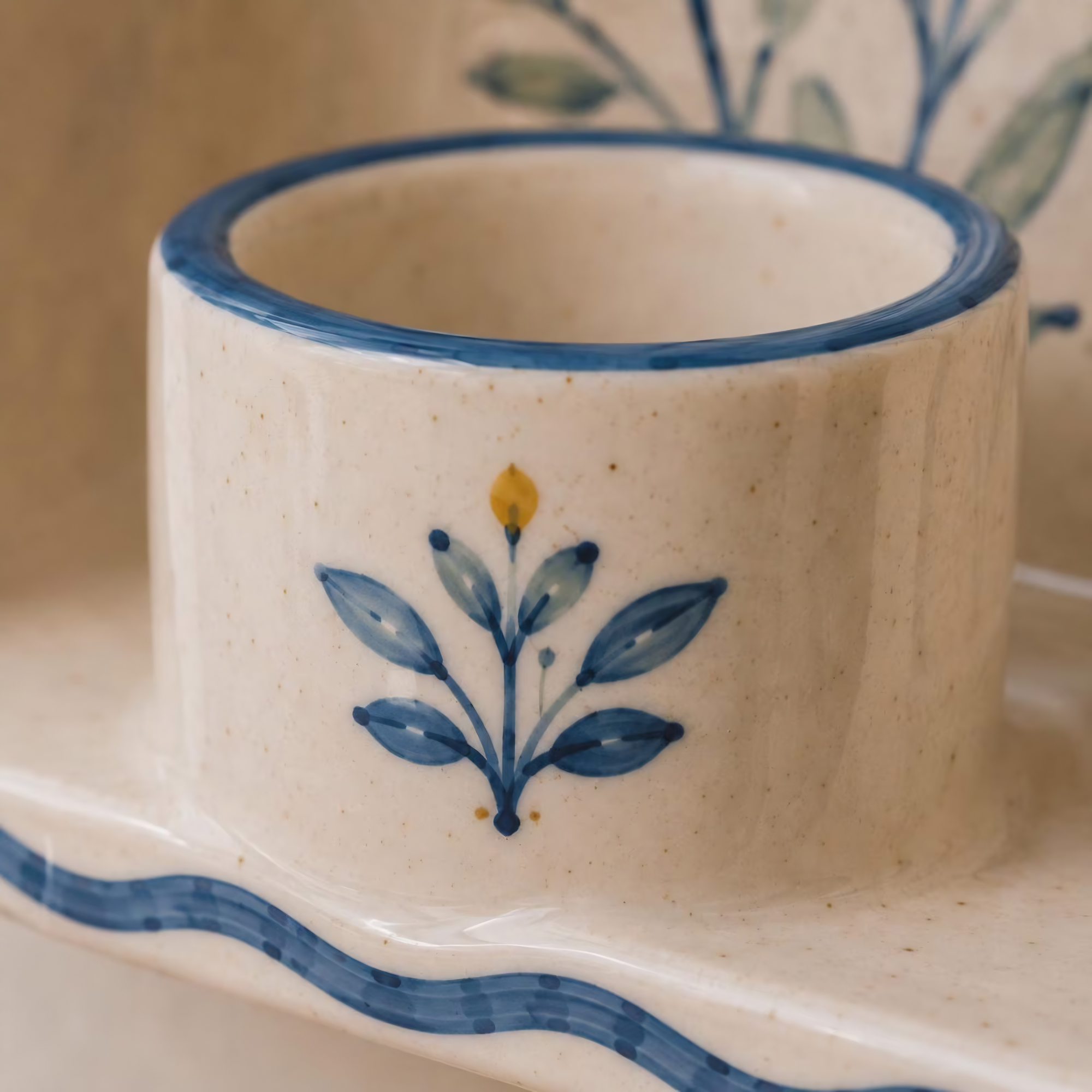 Ceramic Wall Candle Holder, Blue Floral Wall Sconce, Cottagecore Decor, Rustic Wall Decor | LA141