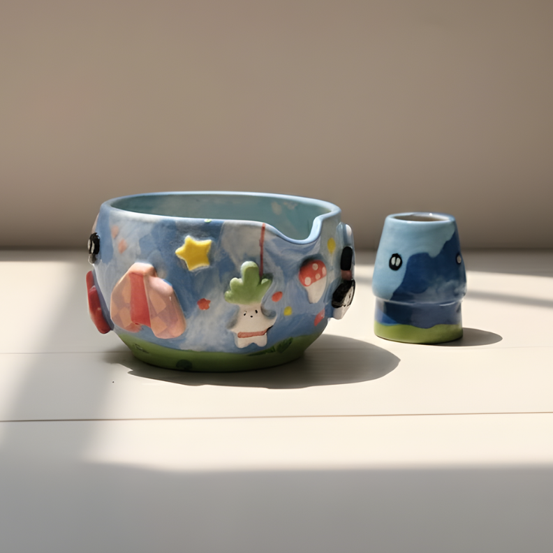 Whimsical Sky Matcha Bowl Set, Handmade Ceramic Chawan with Whisk Holder, Cute Fantasy Matcha Gift | LA044