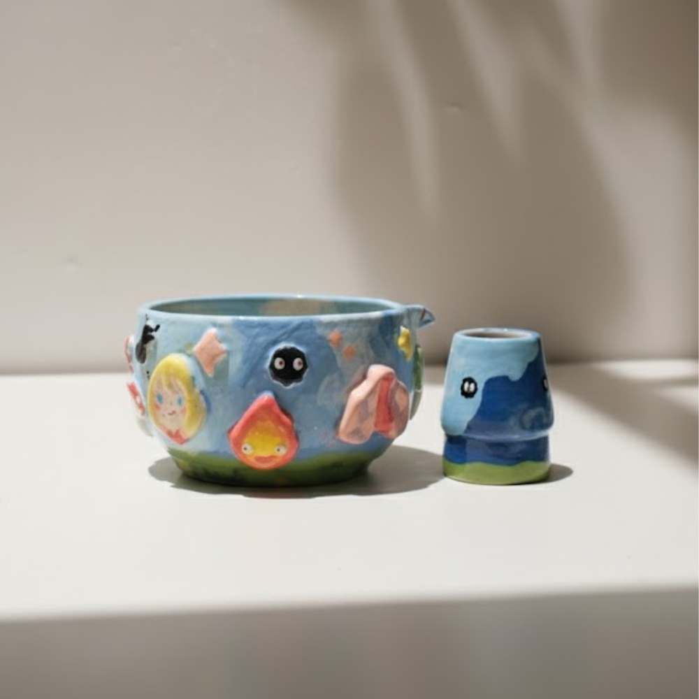 Whimsical Sky Matcha Bowl Set, Handmade Ceramic Chawan with Whisk Holder, Cute Fantasy Matcha Gift | LA044