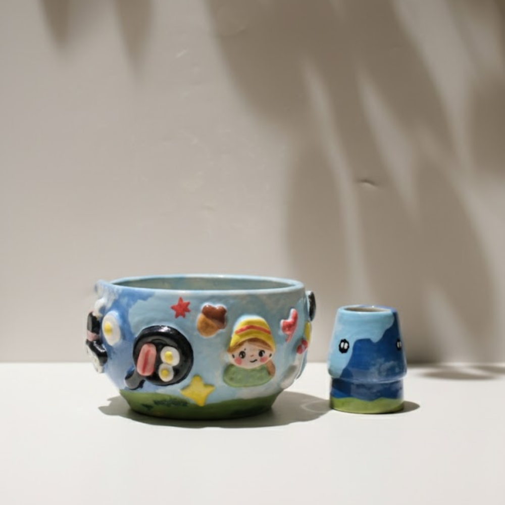 Whimsical Sky Matcha Bowl Set, Handmade Ceramic Chawan with Whisk Holder, Cute Fantasy Matcha Gift | LA044