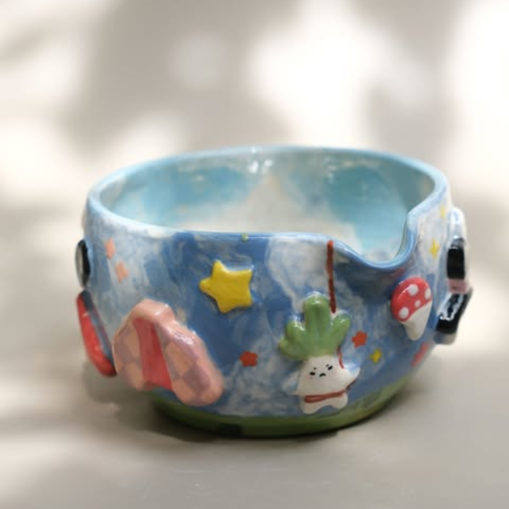 Whimsical Sky Matcha Bowl Set, Handmade Ceramic Chawan with Whisk Holder, Cute Fantasy Matcha Gift | LA044