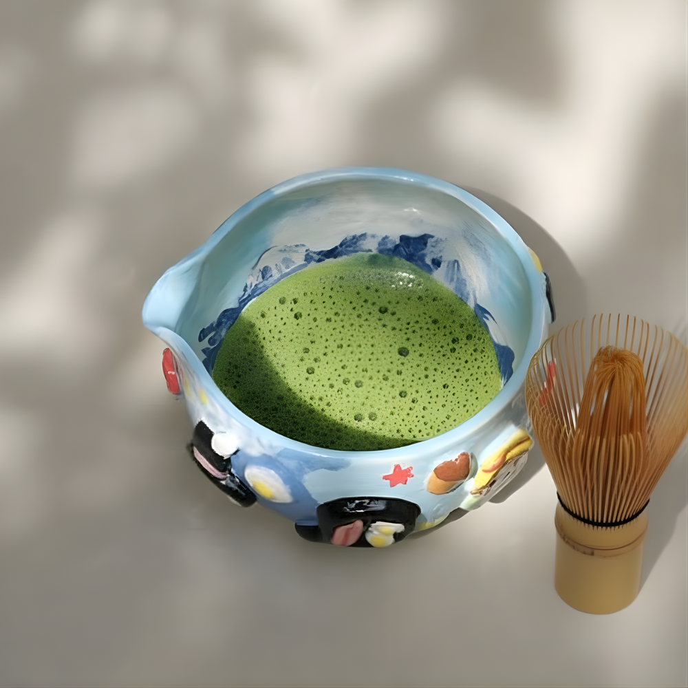 Whimsical Sky Matcha Bowl Set, Handmade Ceramic Chawan with Whisk Holder, Cute Fantasy Matcha Gift | LA044