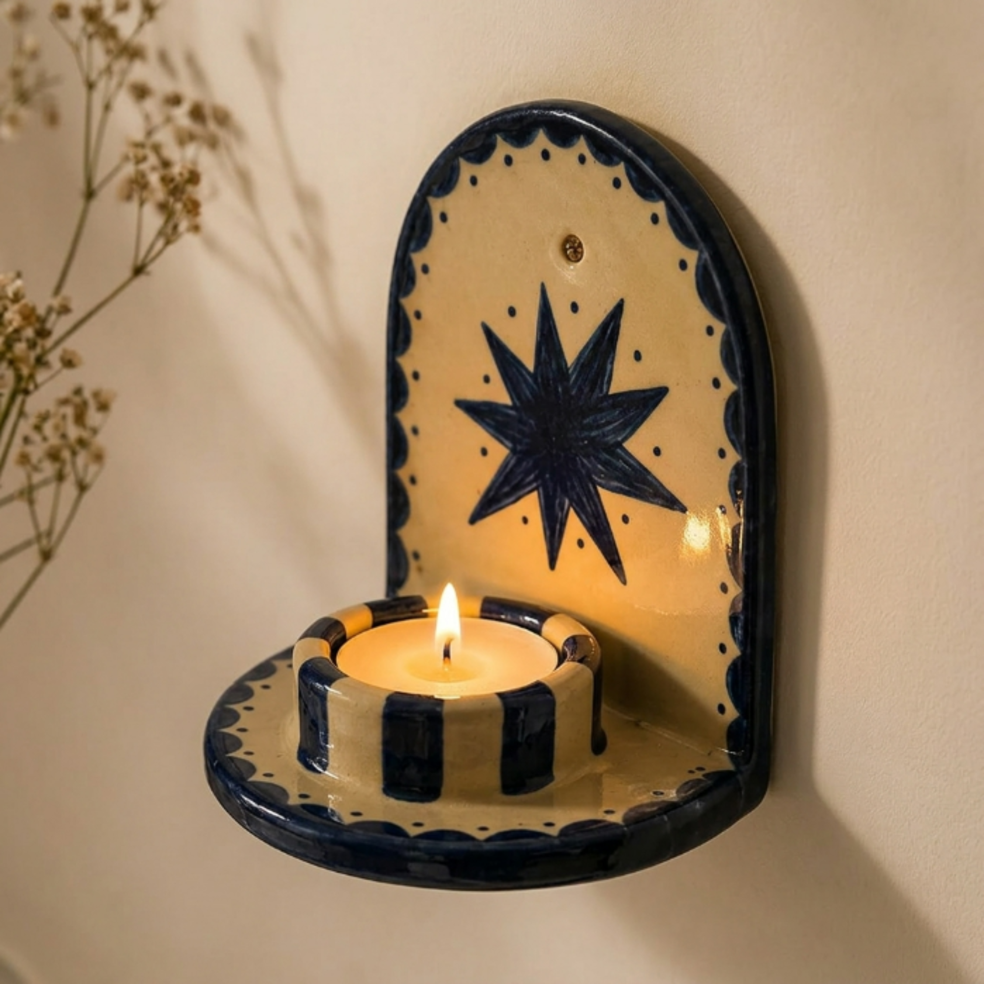 Blue Star Ceramic Candle Holder, Handmade Wall Sconce, Celestial Home Decor, Coastal Wall Accent, Boho Decor | LA113