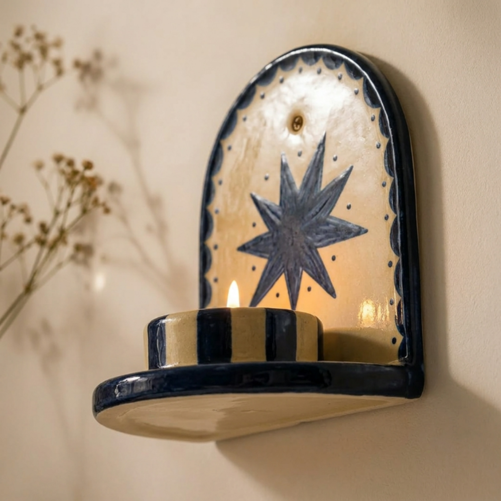 Blue Star Ceramic Candle Holder, Handmade Wall Sconce, Celestial Home Decor, Coastal Wall Accent, Boho Decor | LA113