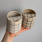 Handcrafted Ceramic Travel Mug with Built-in Lid, Minimalist Blue Grid Commuter Coffee Cup • HX09