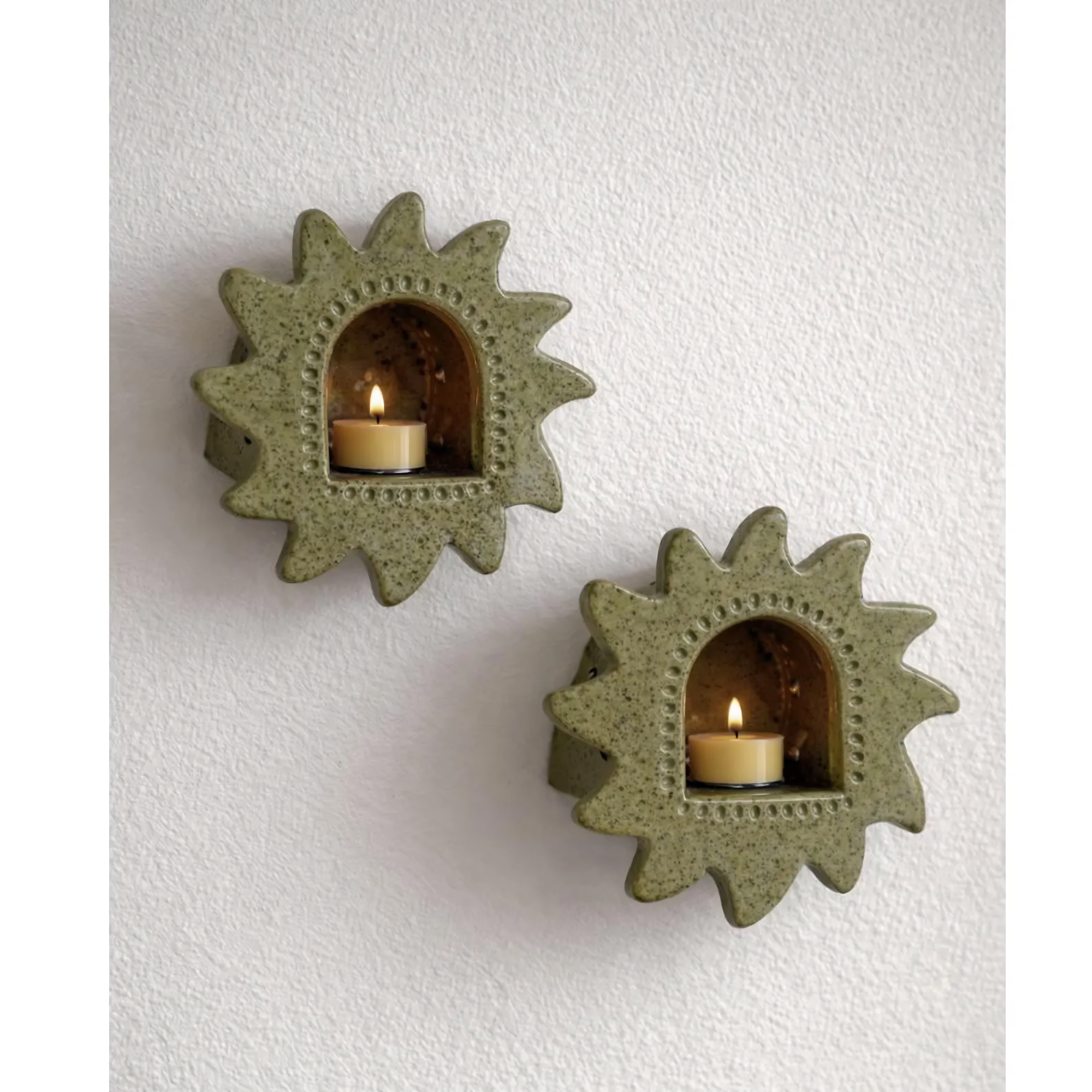 Handmade Ceramic Sun Wall Candle Holder, Green Speckled Sconce, Cozy Cottagecore Decor | LA113