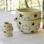 Minimalist Bunny Star Hand-Painted Ceramic Matcha Bowl and Whisk Holder Set • HX06