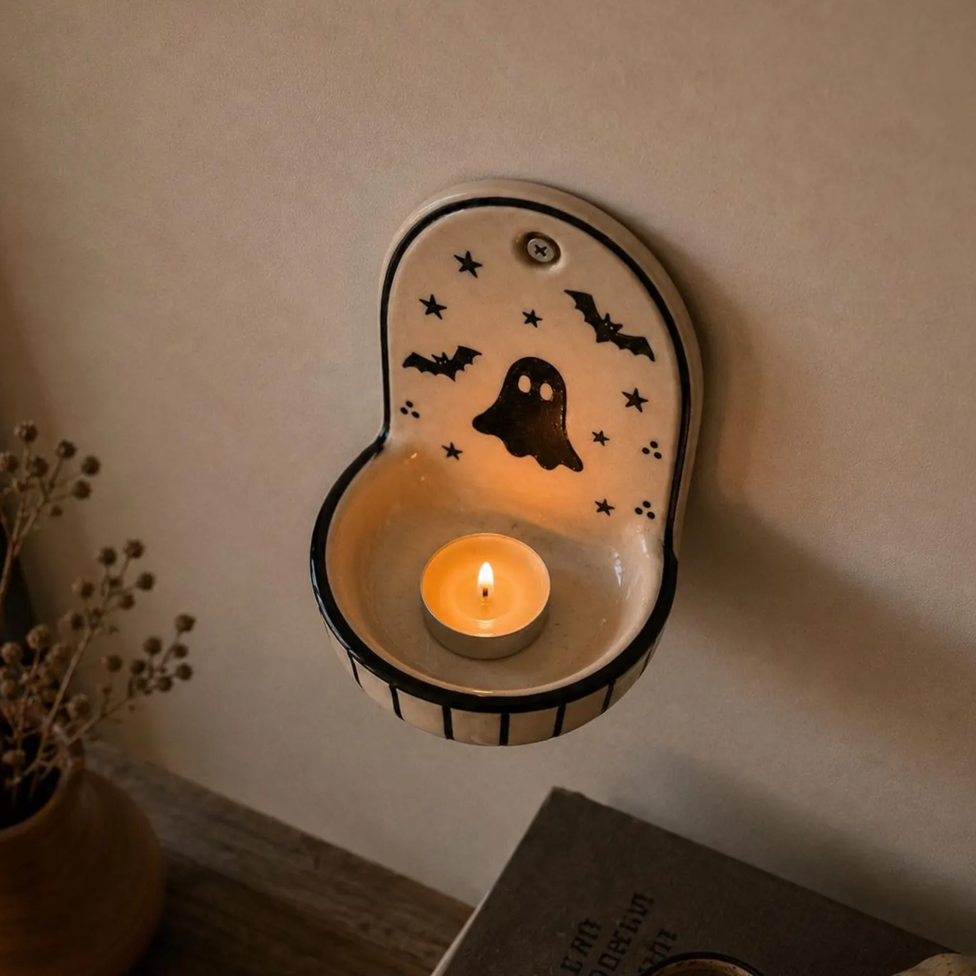 Handmade Ceramic Halloween Ghost Wall Sconce Candle Holder • HX48