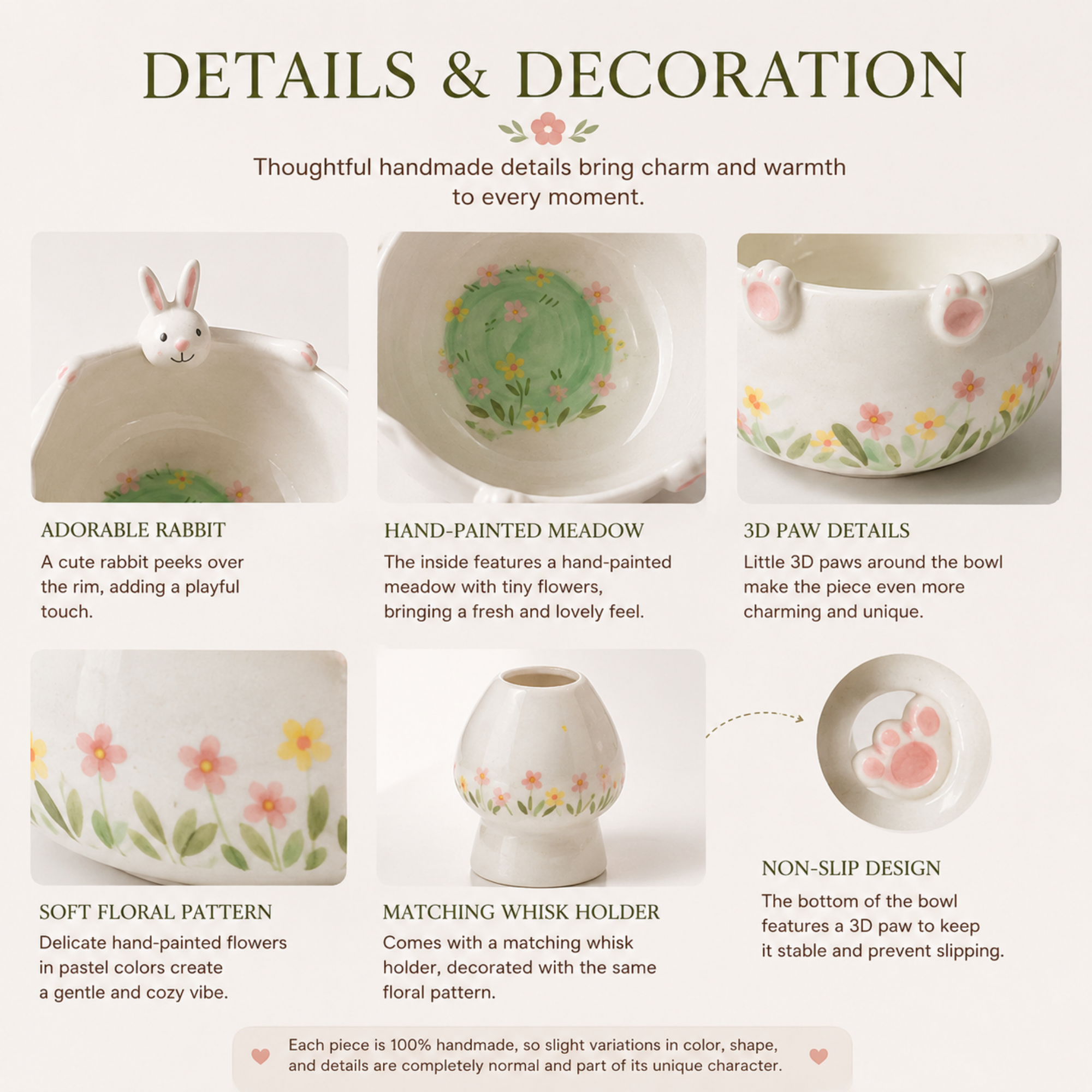 White Bunny Hug 3D Handcrafted Ceramic Matcha Bowl and Floral Whisk Holder Set • HX11