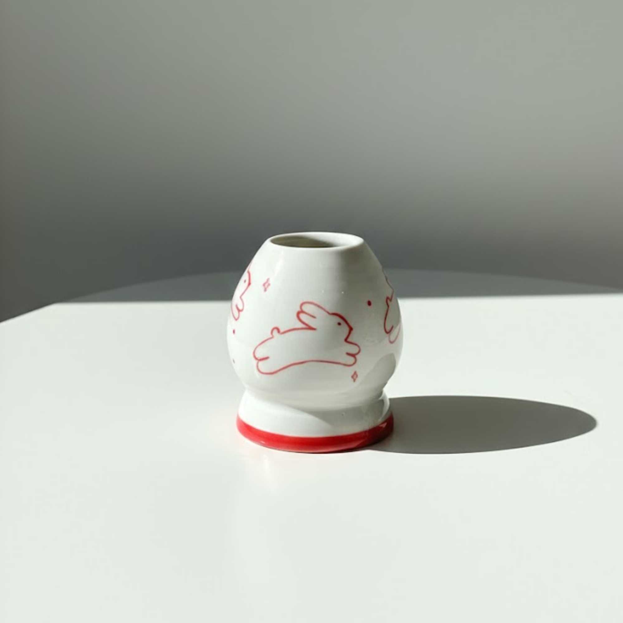 Minimalist Red Line Bunny Hand-Painted Ceramic Matcha Bowl and Whisk Holder Set • HX08