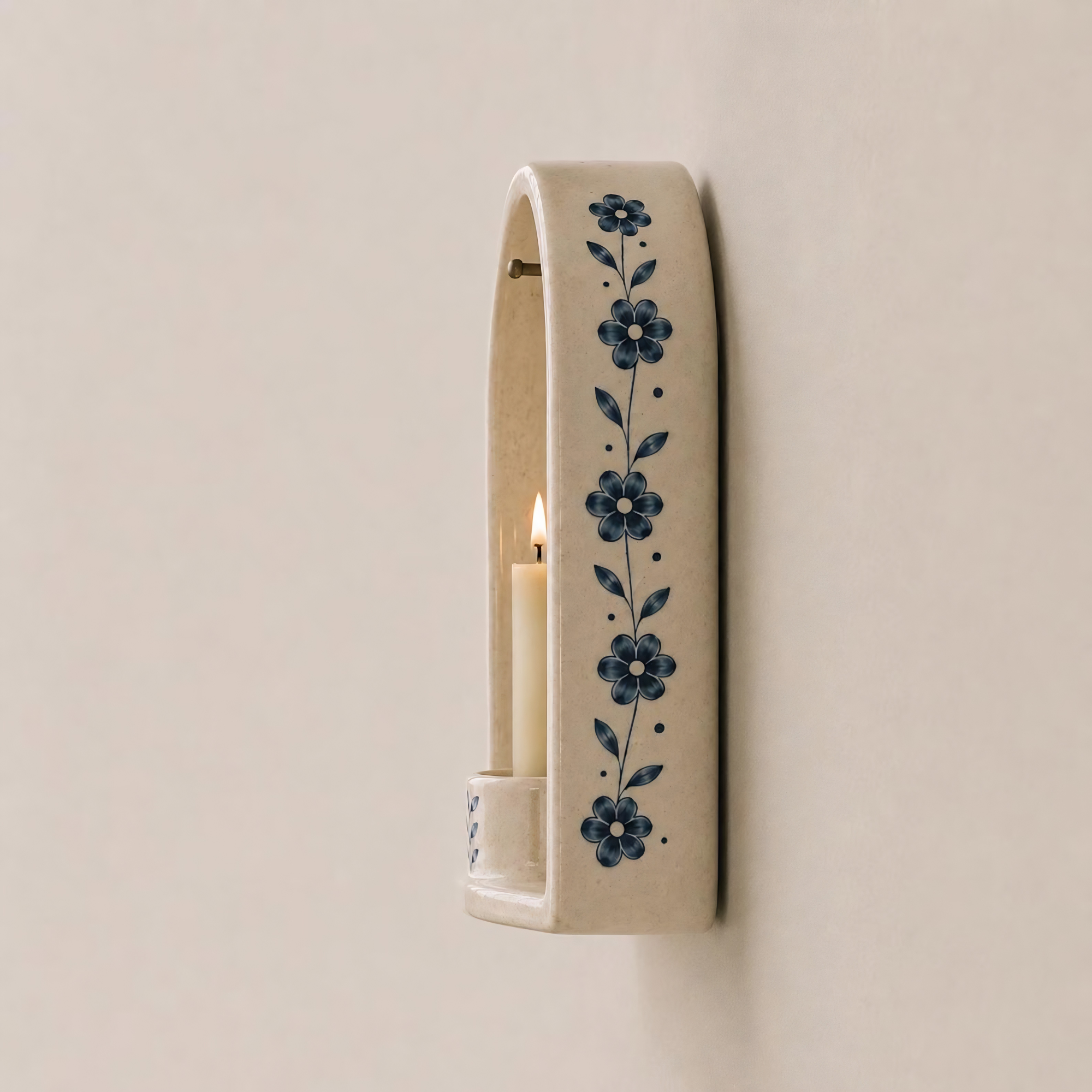 Blue Floral Ceramic Wall Candle Holder, Handmade Wall Sconce, Taper Candle Holder, Cottagecore Decor, Farmhouse Wall Decor | LA125