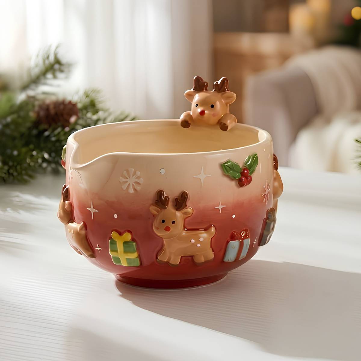 Christmas Reindeer Matcha Bowl Set, Handmade Ceramic Matcha Bowl with Whisk Holder, Cute Holiday Matcha Set, Christmas Gift for Matcha Lover | LA052