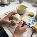 Handmade Blue Whale Ceramic Matcha Bowl Set | Pastel Yellow Spouted Chawan & Whisk Holder • HX53