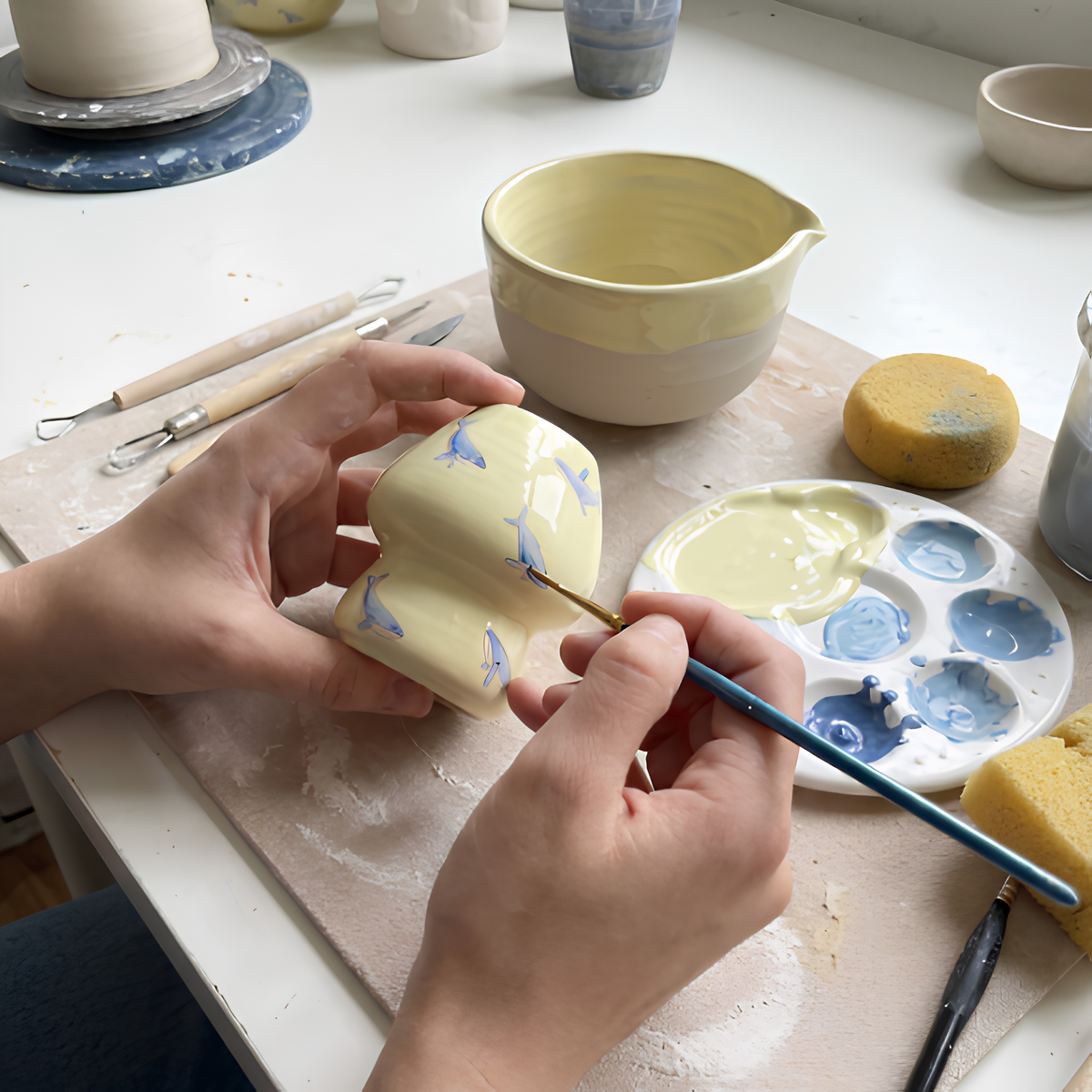 Handmade Blue Whale Ceramic Matcha Bowl Set | Pastel Yellow Spouted Chawan & Whisk Holder • HX53