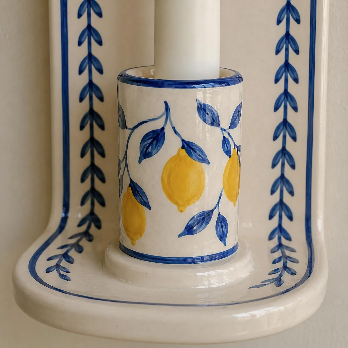 Lemon Wall Candle Holder, Handmade Ceramic Wall Sconce, Mediterranean Wall Decor, Italian Kitchen Decor, Blue White Decor | LA123