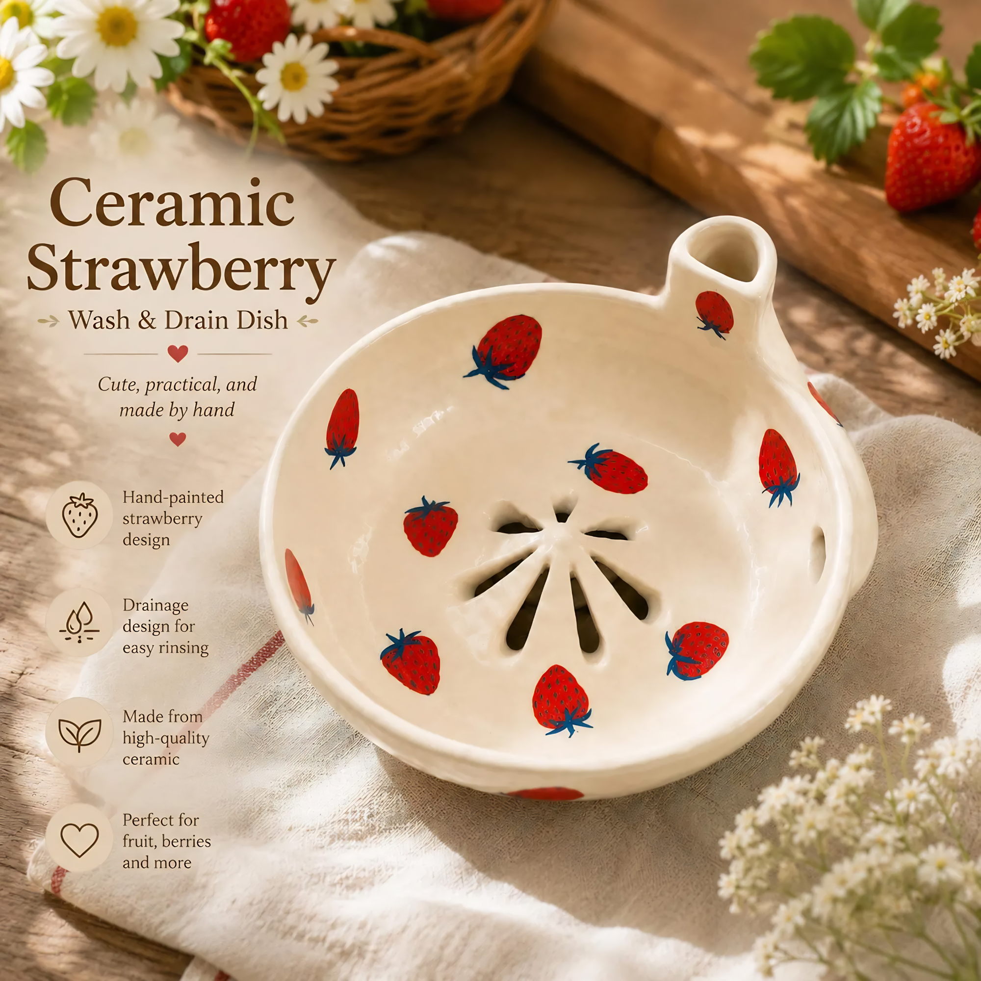 Handmade Ceramic Berry Bowl, Strawberry Fruit Colander, Berry Washing Bowl, Cottagecore Kitchen Decor, Gift for Her | LA100