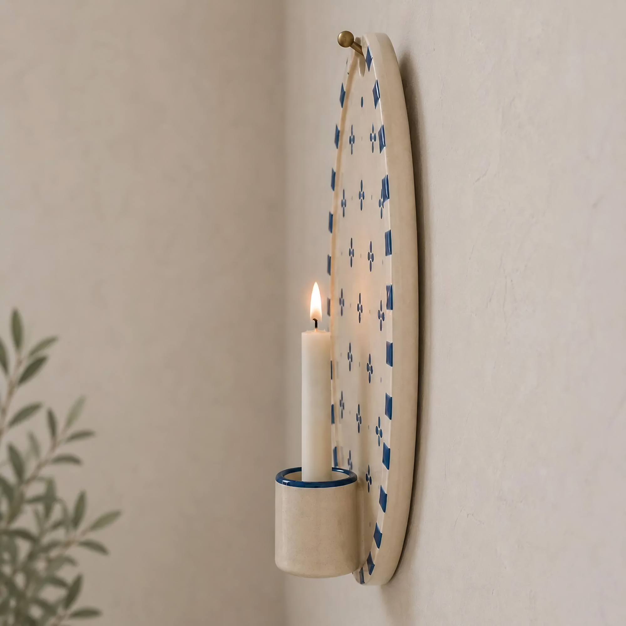 Blue Floral Wall Candle Holder, Handmade Ceramic Wall Sconce, Mediterranean Decor, Cottagecore Wall Decor, Housewarming Gift | LA124