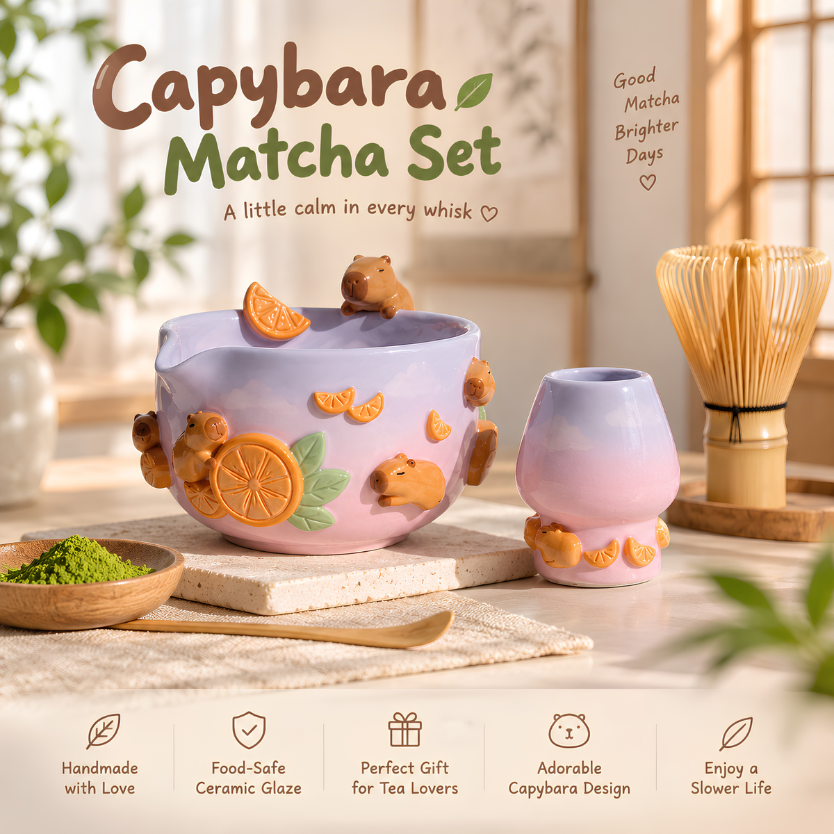 Capybara Orange Ombre Matcha Bowl Set, Handmade Ceramic Chawan with Whisk Holder, Cute Matcha Gift for Tea Lover | LA045