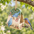 Bluebird Ceramic Bird Feeder - Hanging Seed Holder with Perch, Hand Painted Garden Pottery.