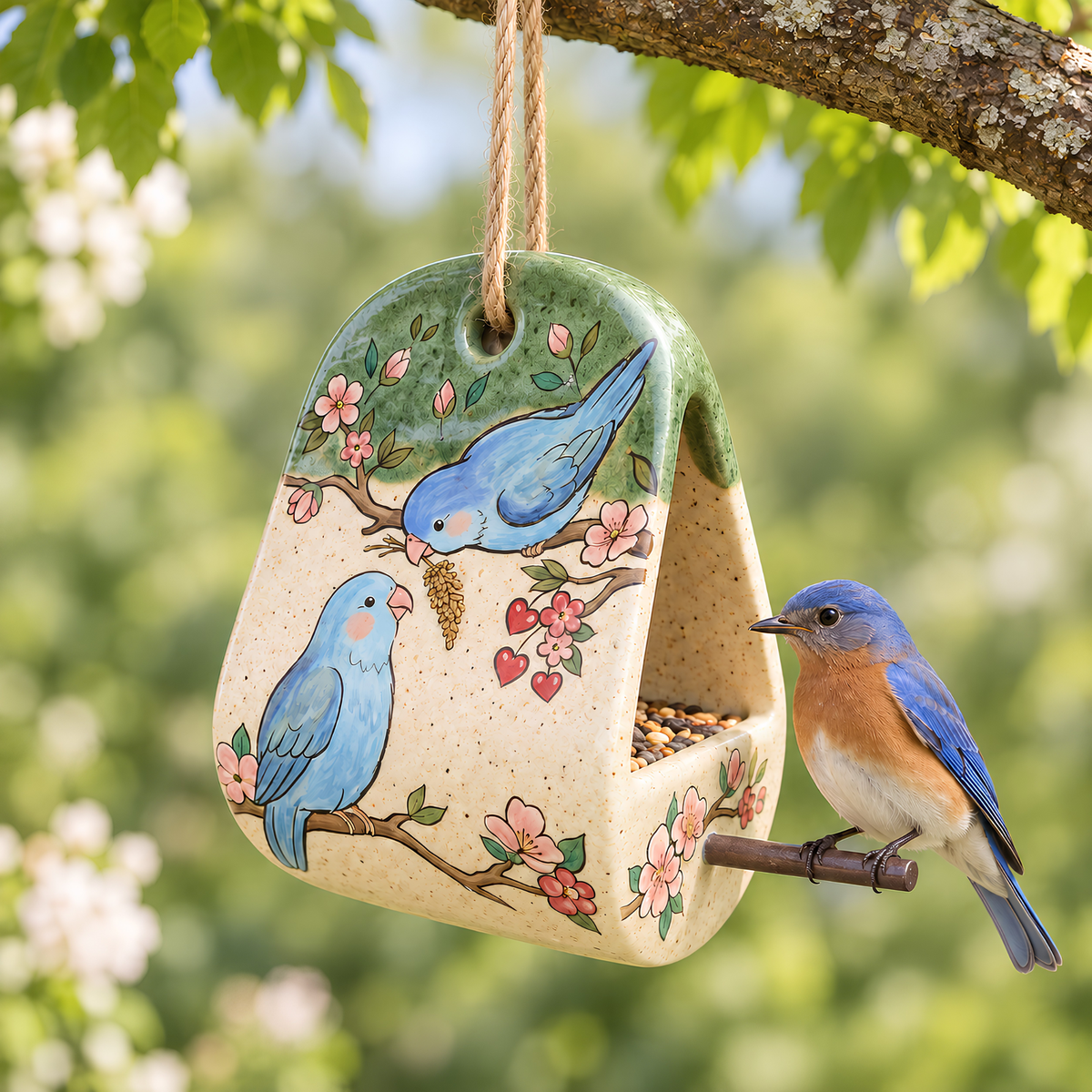 Bluebird Ceramic Bird Feeder - Hanging Seed Holder with Perch, Hand Painted Garden Pottery.