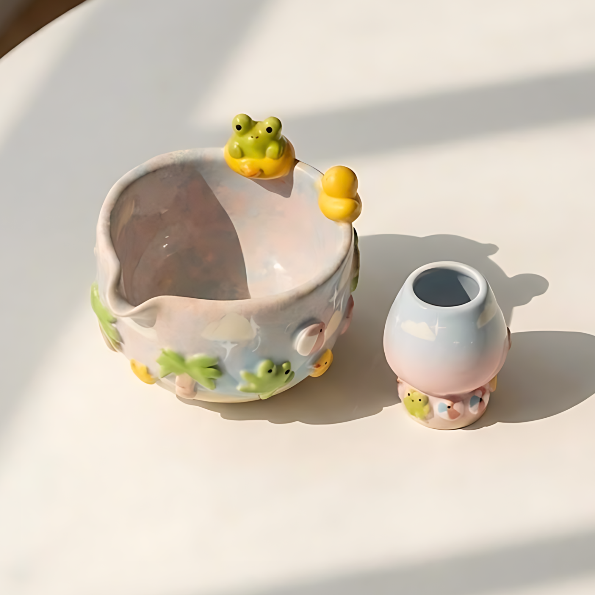Handmade Frog Matcha Bowl Set, Cute Duck Ceramic Matcha Tea Set, Ombre Matcha Bowl with Whisk Holder, Kawaii Tea Gift | LA2