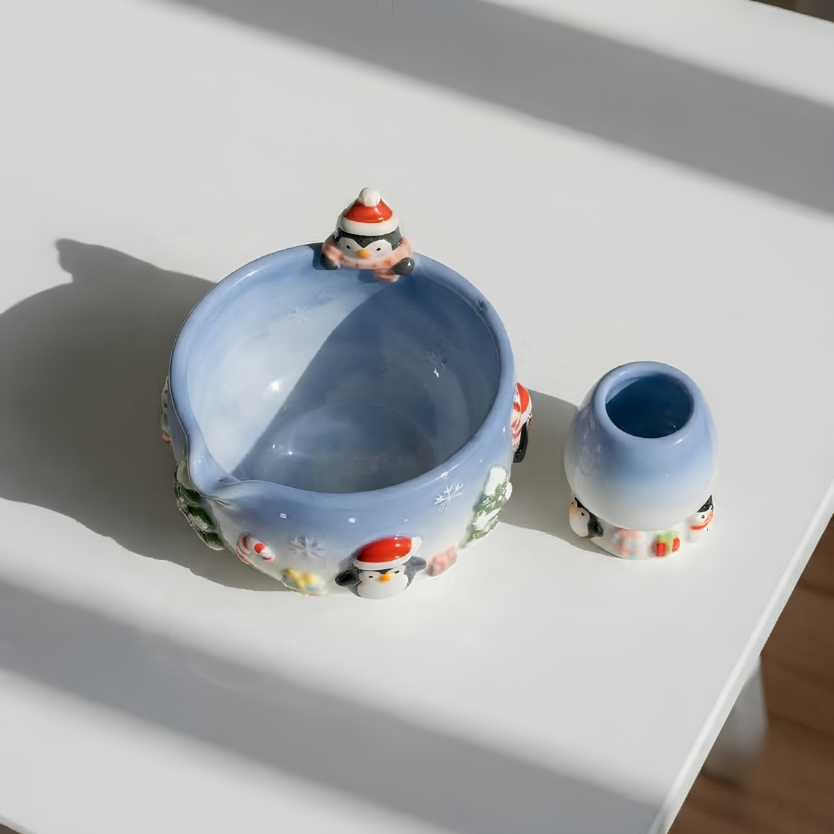 Christmas Penguin Matcha Bowl, Handmade Ceramic Matcha Set with Whisk Holder, Cute Winter Chawan, Penguin Gift for Matcha Lover | LA050
