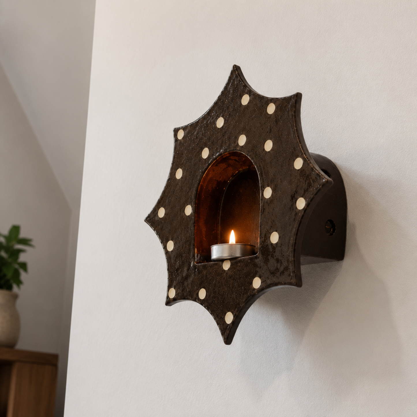Handmade Ceramic Polka Dot Sunburst Wall Tealight Holder - NN03